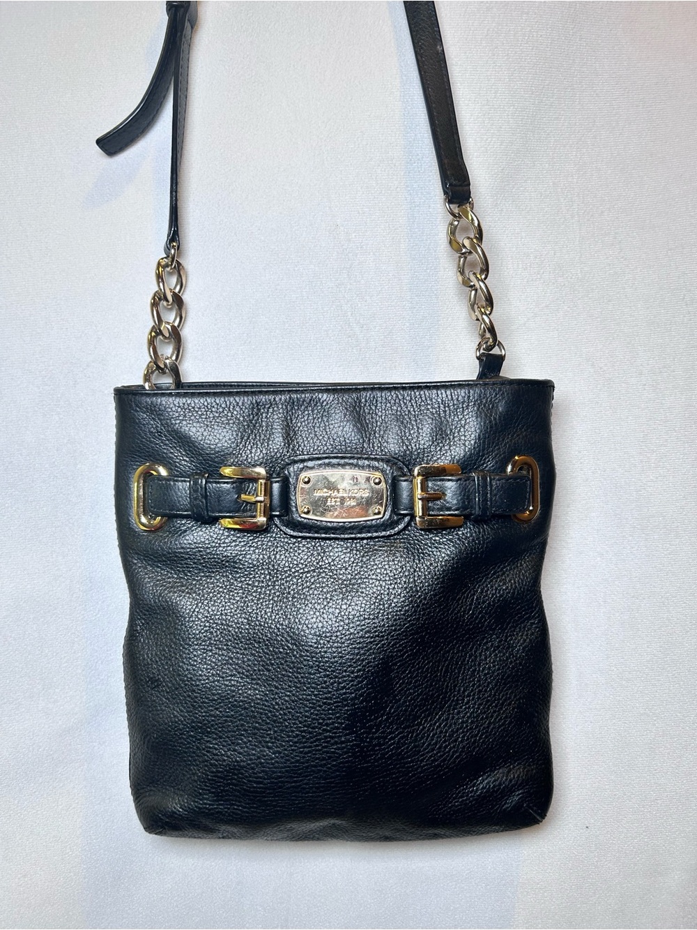 Michael Kors Hamilton Black Pebbled Leather Crossbody Bag.